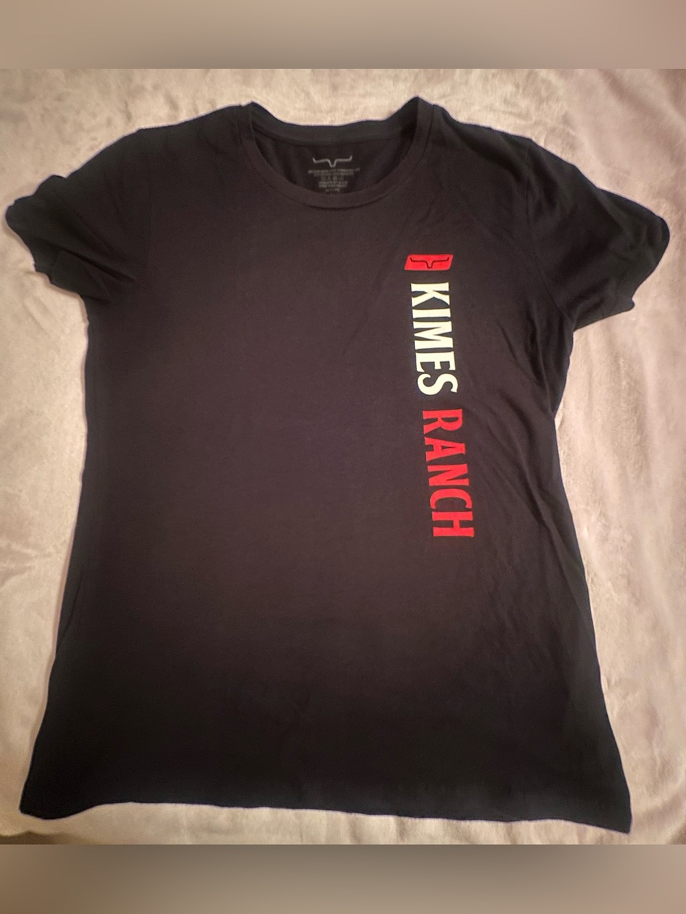 Kimes Ranch Black Tee with White and Red Vertical Logo